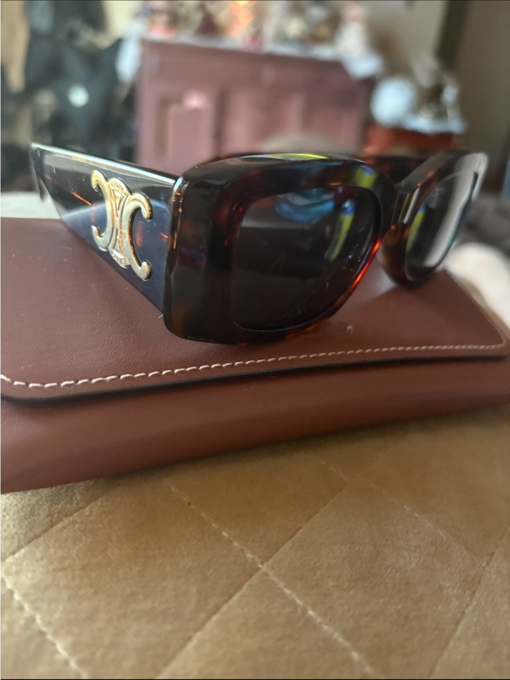 CelineTortoiseshell Square Sunglasses with Gold Accent with wristlet case